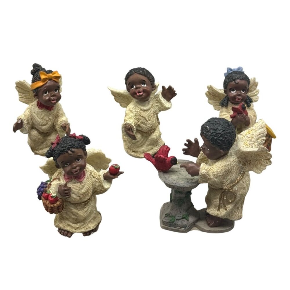 Set Of 5 African American Angel Christmas Figurines decor Birds Fruit READ